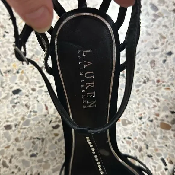 Ralph Lauren black silver rhinestone embellished heel sandal heel 9.5 - Picture 2 of 8